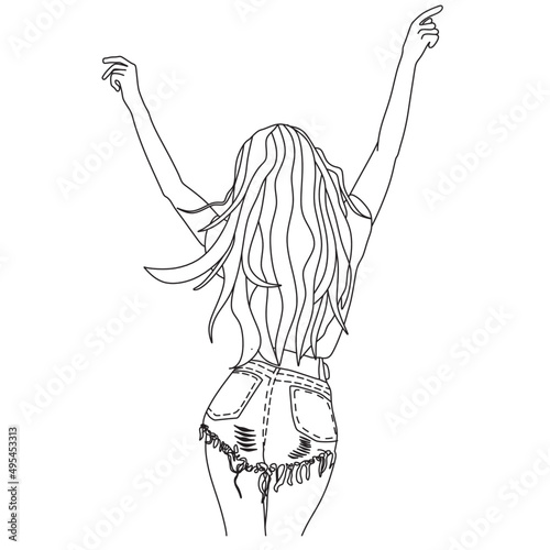 Picture of a girl. Summer walk. Happy girl art. Illustration of a single line on a white background. Vector drawing