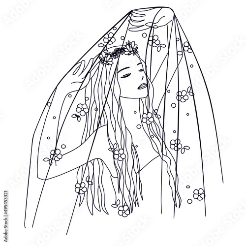 Abstract beautiful woman with light fabric. Girl with flowers. Linear art