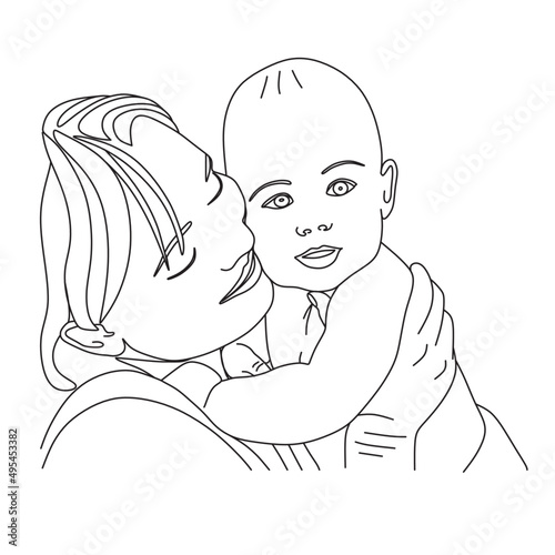 Mom with baby. Nice relationship. Linear illustration on a white background. Vector image
