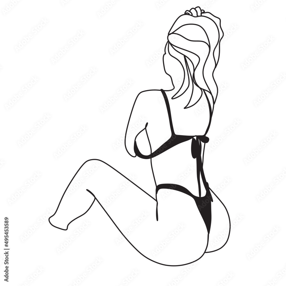 Woman sitting at the beach with bikini. Linear art of a girl in a bathing suit. Vector illustration Woman sitting at the beach with bikini. Linear art of a girl in a bathing suit. Vector illustration