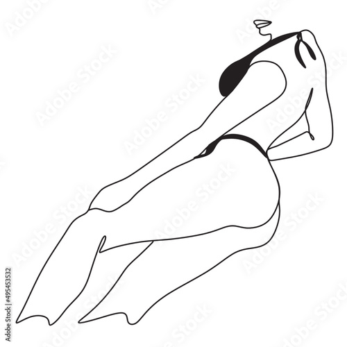 Woman sitting at the beach with bikini. Linear art of a girl in a bathing suit. Vector illustration