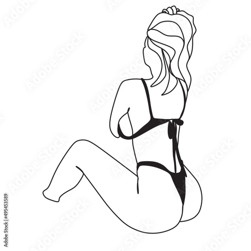 Woman sitting at the beach with bikini. Linear art of a girl in a bathing suit. Vector illustration