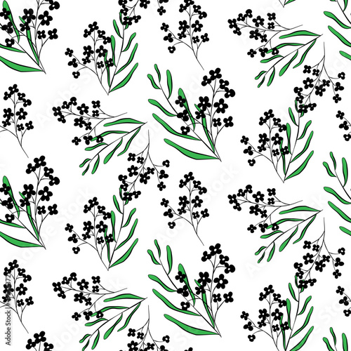 Vector seamless half-drop pattern, with leaves and flowers