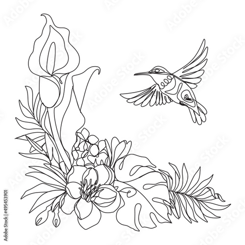 Flower one line vector drawing. Floral minimalist style. Illustration of a bird. Symbol of nature. Continuous line Art. Print of flowers with a bird.