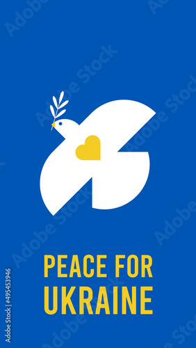 Peace for Ukraine. White dove flying with olive branch on blue background. Peace symbol. Vertical format. Vector illustration, flat design