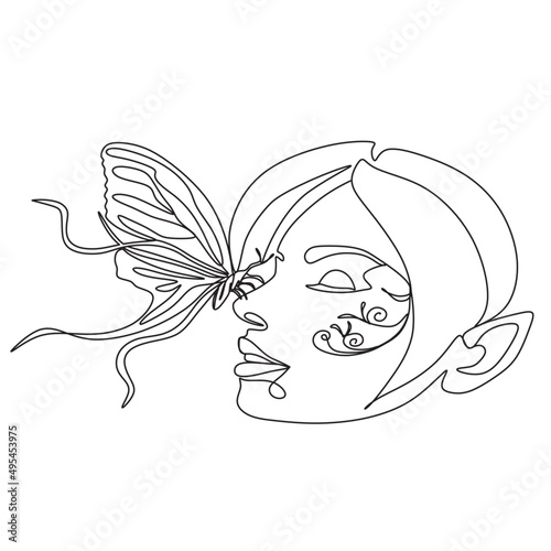 Woman head with butterfly.  Hand-drawn vector line-art illustration. One Line style drawing.