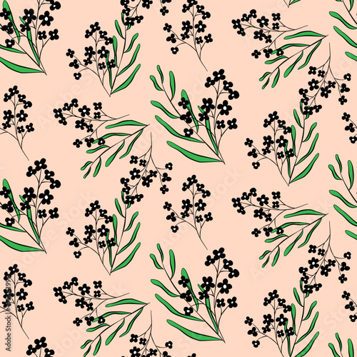 Vector seamless half-drop pattern, with leaves and flowers