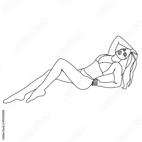 Woman sitting at the beach with bikini. Linear art of a girl in a bathing suit. Vector illustration