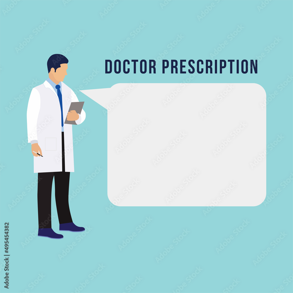 Doctor writing prescription flat design. Doctor with a clipboard and pen on hand. Medical doctor writing patients initials on clipboard concept. Doctor flat character design with a blank text space.