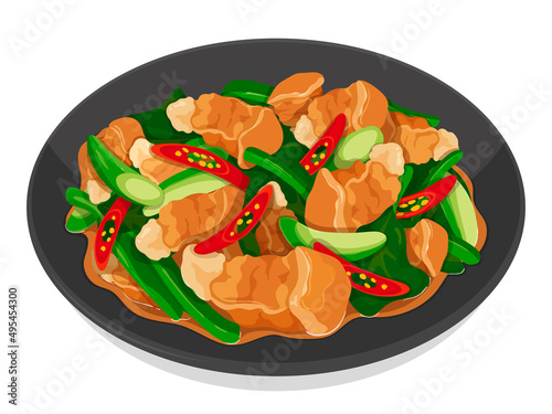 Stir fried crispy pork belly with chinese kale recipe menu on white background (Kana moo krob, Thai Food isolated illustration vector).