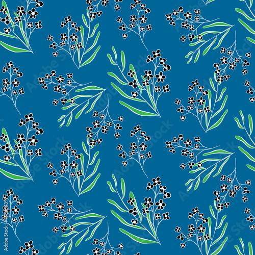 Vector seamless half-drop pattern, with leaves and flowers