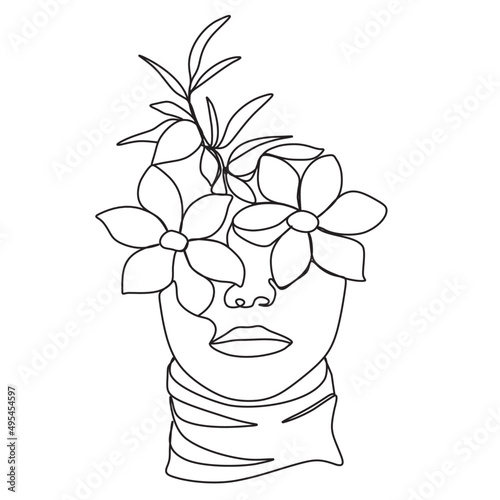 Line drawing. Abstract face with flowers in one line drawing. Contemporary continuous line art. Women's line art. Beauty salon logo. Vector illustration