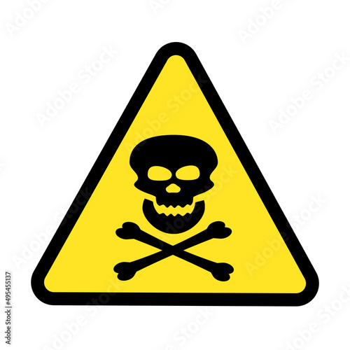 Warning sign with skull icon and crossbones on yellow triangle, Poison, toxic or biohazard caution vector icon.