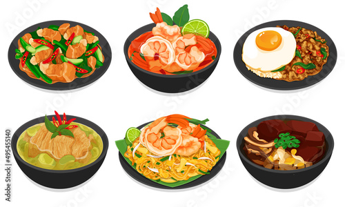 Thai street food restaurant menu illustration vector. (Stir fried crispy pork with kale, Pad Kana Moo Krob, Tom Yum Kung, Tom Yum Goong, Pad Kra Pao, Kra Pow Kai, Keang Keaw Wan Kai, Pad Thai, Thai B