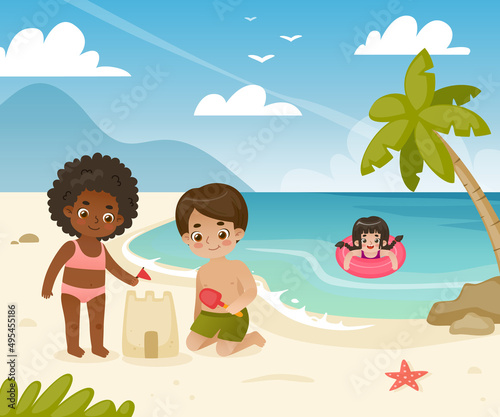 Adorable children playing on the tropical beach. Cartoon kids on the sea coast. Cute toddlers rest on sea shore. © Sonium_art