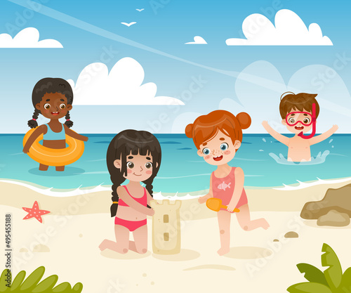 Kids playing on the beach. Cartoon children rest on the sea coast. Cute toddlers on the seashore. © Sonium_art