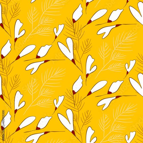 Vector seamless half-drop pattern, with leaves and flowers