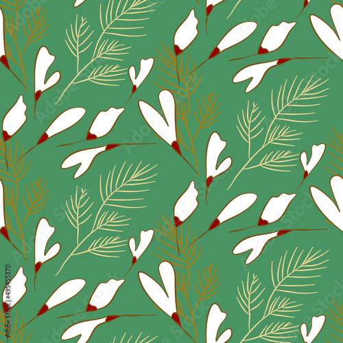 Vector seamless half-drop pattern, with leaves and flowers