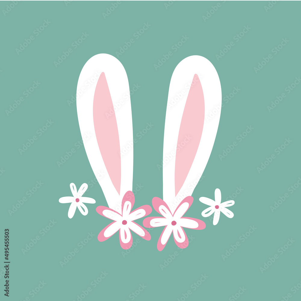 White bunny ears and daisy vector elements set. Simple Easter hand drawn illustration for nurcery, cards and web design.