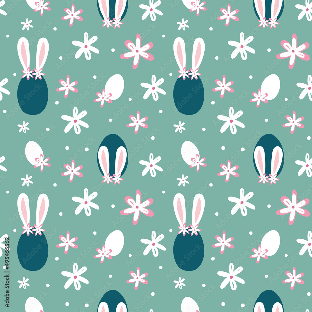 Bunny, egs and daisy vector seamless pattern. Easter pastel blue background. Hand drawn illustration