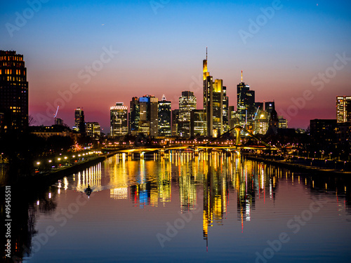 Skyline at sunset, Deutschherrenbrücke, Frankfurt, Hesse, Germany