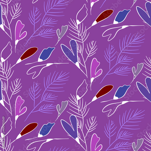 Vector seamless half-drop pattern, with leaves and flowers