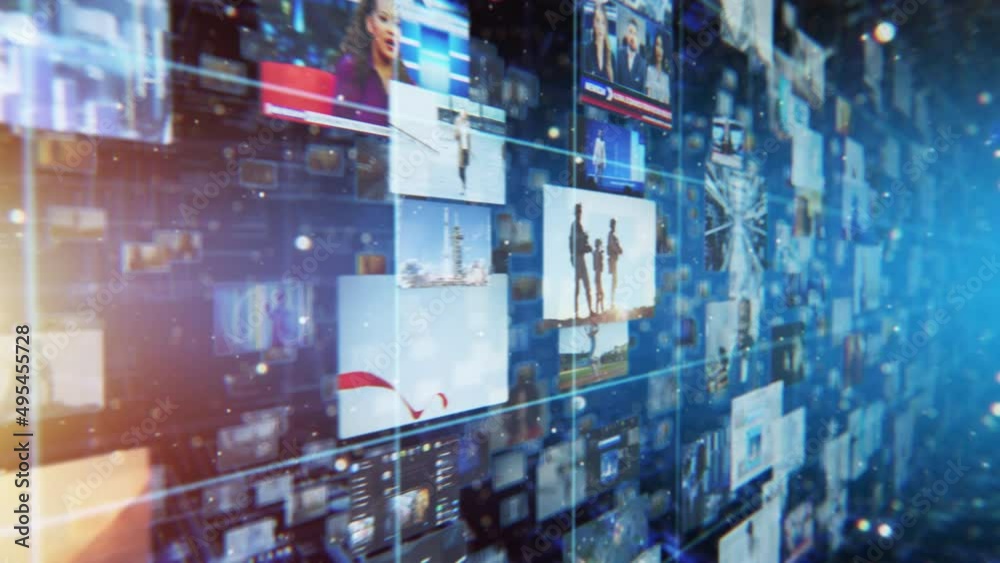 VFX Animated Background with Virtual Social Media Reality Interconnected by Internet Into Worldwide Web. Internet of Things Concept with Videos, Avatars, Profiles Flowing in Online Information Space.