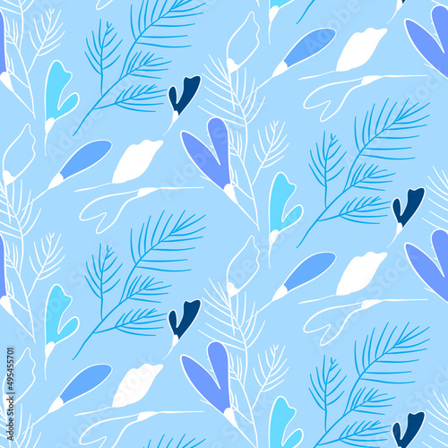 Vector seamless half-drop pattern, with leaves and flowers