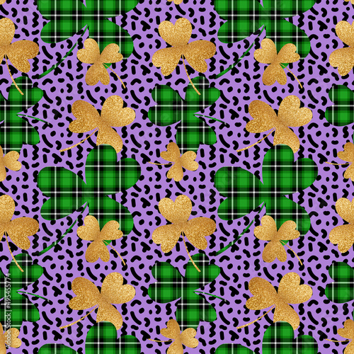 Green buffalo plaid, gold clover and doodle spots on violet background. Shamrock seamless pattern. Patrick's Day.