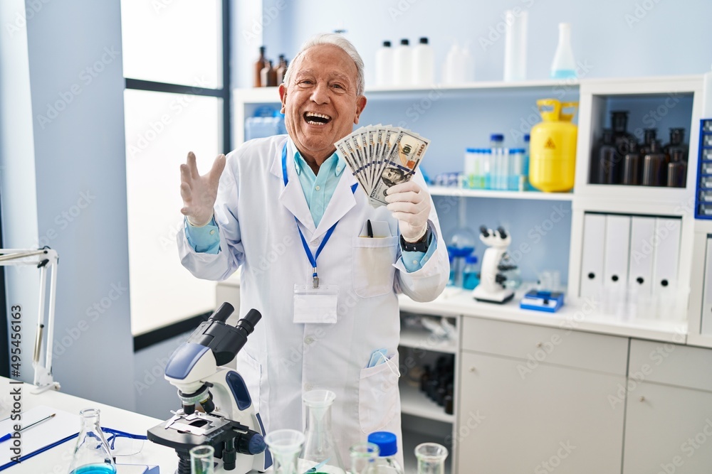 Senior scientist with grey hair working at laboratory holding dollars celebrating victory with happy smile and winner expression with raised hands Senior scientist with grey hair working at laboratory holding dollars celebrating victory with happy smile and winner expression with raised hands