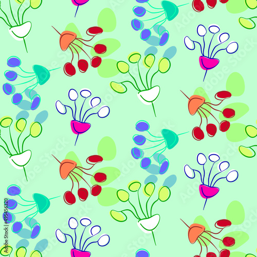 Vector seamless half-drop pattern, with leaves and bud