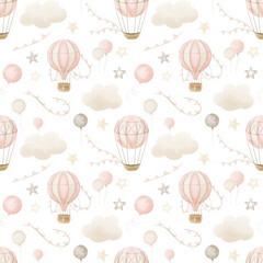 Fototapete Heißluftballon Aquarell Heißluftballons und Wolken Muster  © Alisles