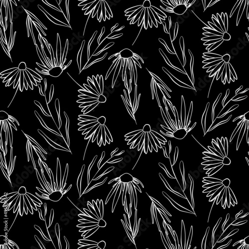 Vector seamless half-drop pattern, with leaves and flowers