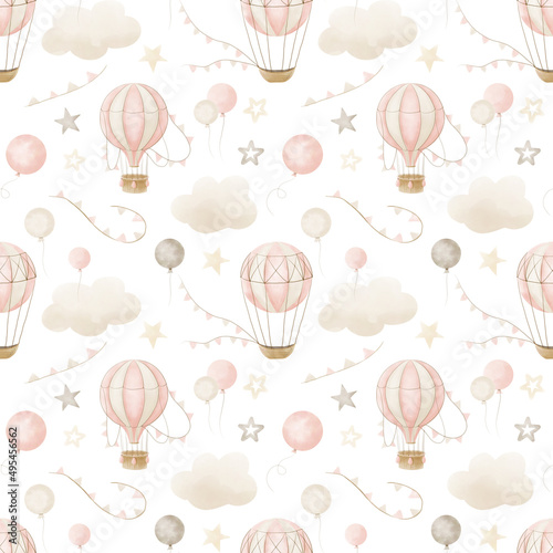 Watercolor seamless Pattern with hot Air Balloons and clouds. Hand drawn background for textile design or wallpaper