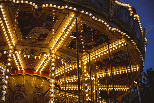 12 Aug 2021 - Odessa, Ukraine. Carousel with lights at night. High quality photo