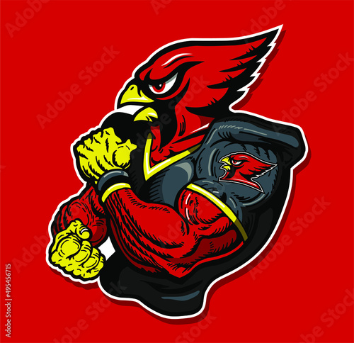 muscular cardinal mascot wearing football jersey for school, college or league
