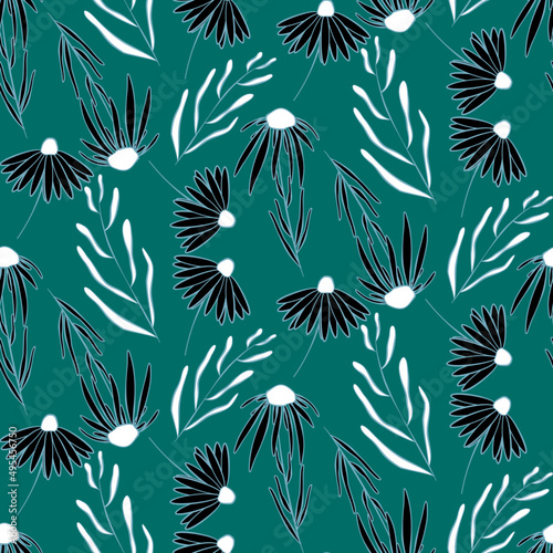 Vector seamless half-drop pattern, with leaves and flowers