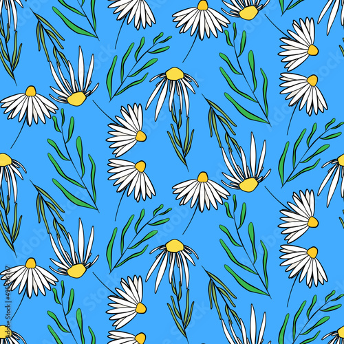 Vector seamless half-drop pattern, with leaves and flowers