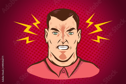 Vector illustration of angry man in vintage stylee on abstract background. photo