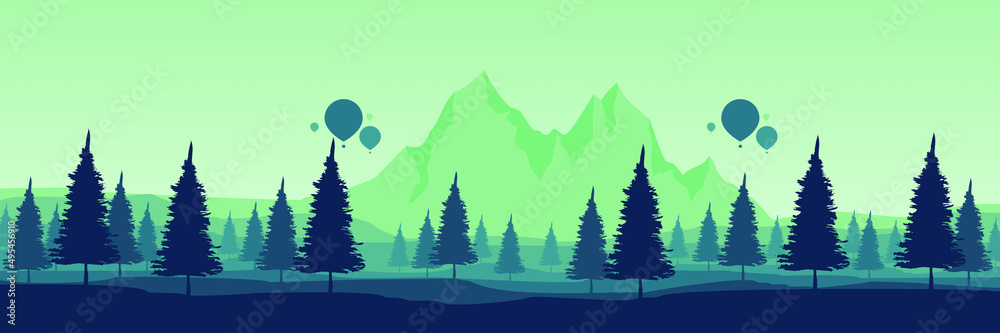 Fototapeta premium Forest silhouette landscape with mountain flat design vector illustration good for wallpaper, background, backdrop, tourism, design template and advertising
