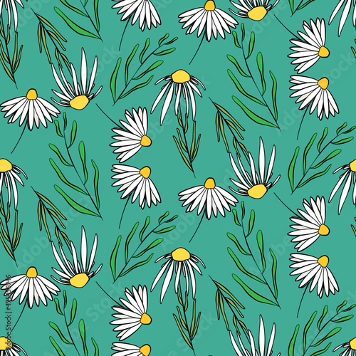 Vector seamless half-drop pattern, with leaves and flowers