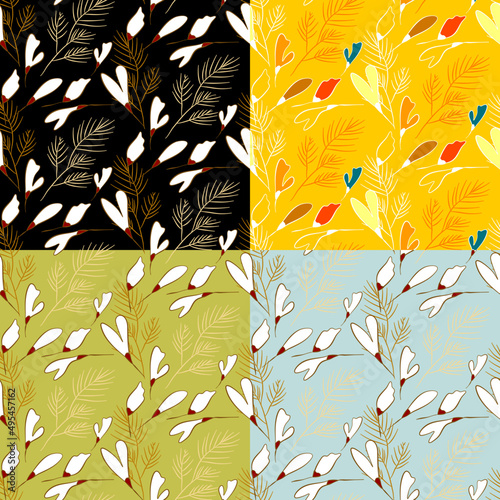 Vector seamless half-drop pattern, with leaves and flowers
