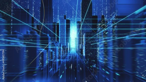 Digital VFX 3D Render of a Futuristic Business City. Camera Flowing Through the Cyber Streets with Technological Interconnected Lines Representing Worldwide Web, Internet Connectivity and Big Data.