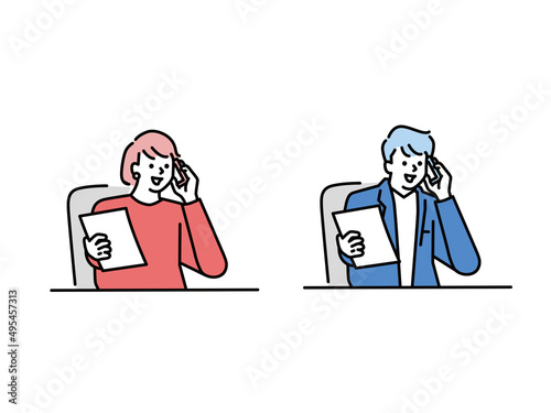電話対応するイラスト(クライアント、プラン、説明、話を聞く、スマホ、ビジネス、オンライン) Illustration corresponding to phone call.Clients, plans, explanations, listening, smartphones, businesses, online.
