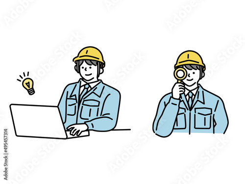 工場で働く人のイラスト(作業員、現場、工事、建設、安全、施工、道路、整備、責任者、管理) Illustration of factory workers.Workers, site, construction, construction, safety, construction, road, maintenance, responsible, management.