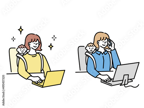 子育てと仕事のイラスト(両立、テレワーク、休日、ビジネス、育児、おんぶ、共働き) Illustrations of parenting and work.Compatibility, telework, holidays, business, childcare, piggyback, double-income.