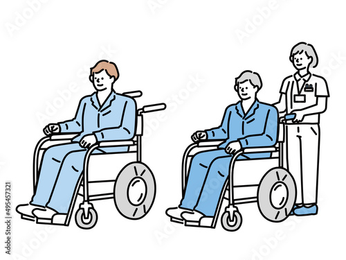 車椅子に乗る人のイラスト(男性、怪我、病気、通院、骨折、介助、入院、リハビリ) Illustration of a person in a wheelchair.Men, injuries, illnesses, hospital visits, fractures, care, hospitalization, rehabilitation.