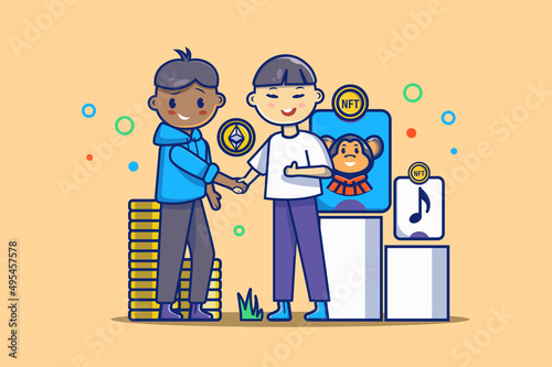 NFT non-fungible token concept in flat outline design. Artist sells digital NFT art and businessman buys art with cryptocurrency at online auction. Vector illustration with colorful line web scene