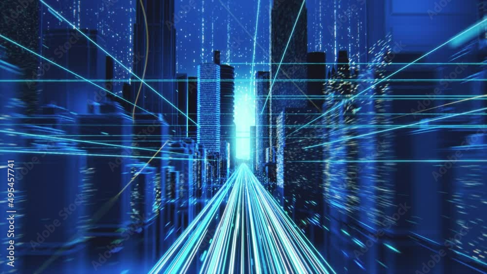 Digital VFX 3D Render of a Futuristic Business City. Camera Flowing Through the Abstract Streets with Technological Interconnected Lines Representing Worldwide Web, Internet Connectivity and Big Data.