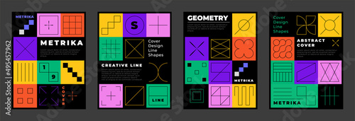 Set of colorful geometric posters with linear square simple minimalist shapes in brutalism style. Vector illustration
